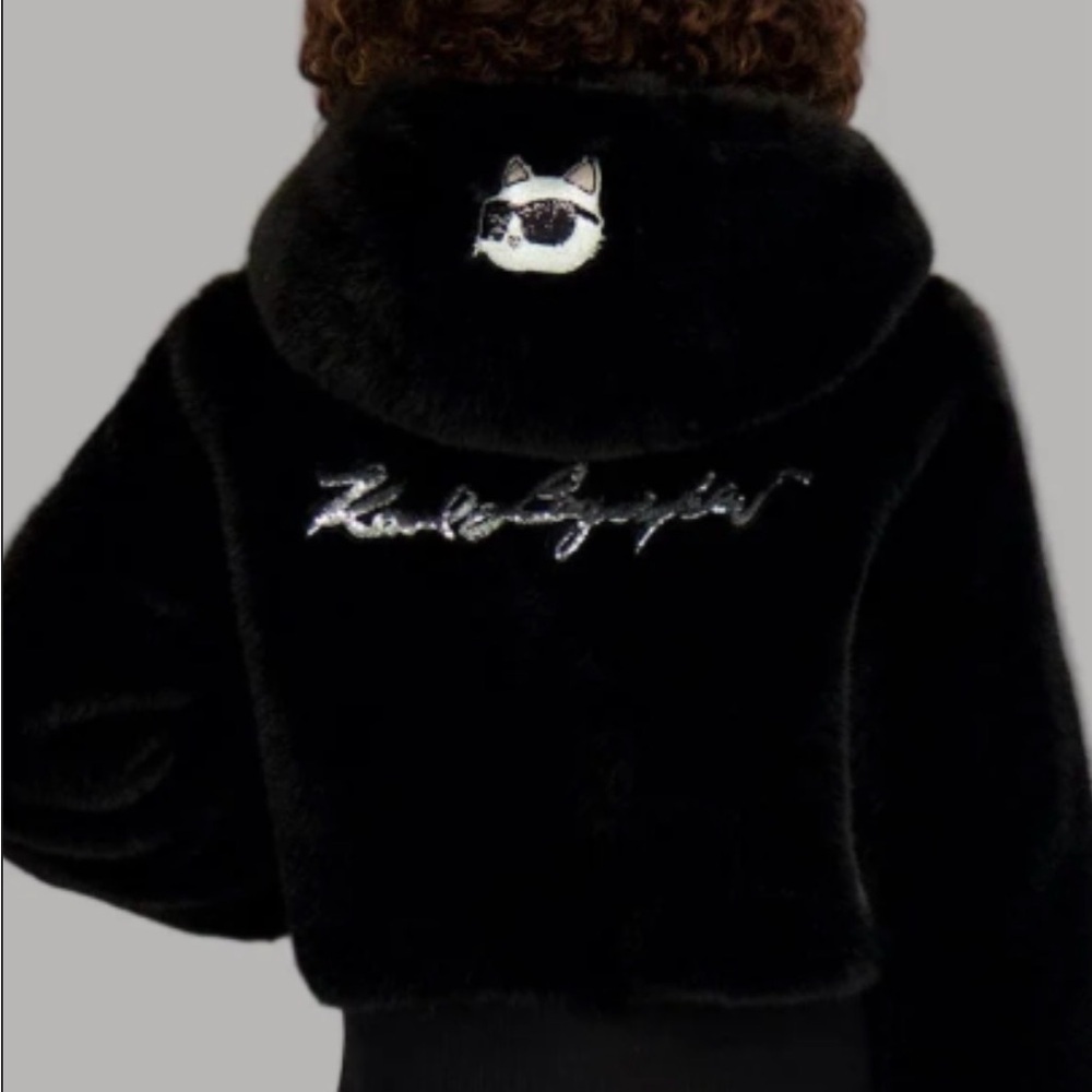 Karl Lagerfeld Black Teddy Jacket with Embroidered Accents